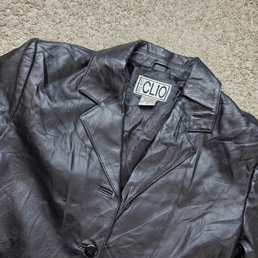 VINTAGE Clio Trench Coat Womens 8 Black Leather Overcoat Collared Pockets Button